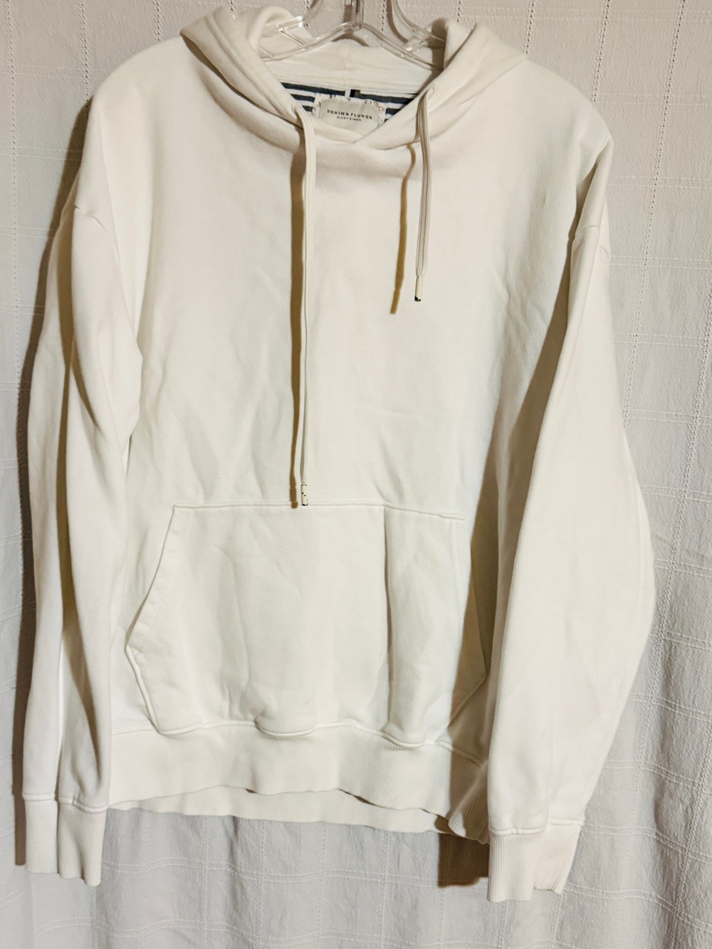 Denim & Flower Cream Pullover Hoodie - Minimal Drawstring Sweatshirt